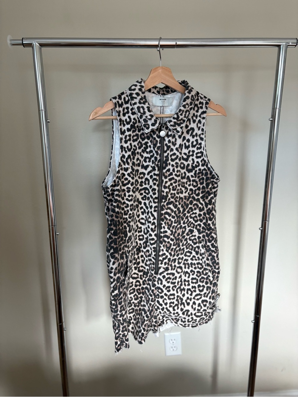 One Teaspoon Leopard Print Denim Zip Front Utility Romper S/XS